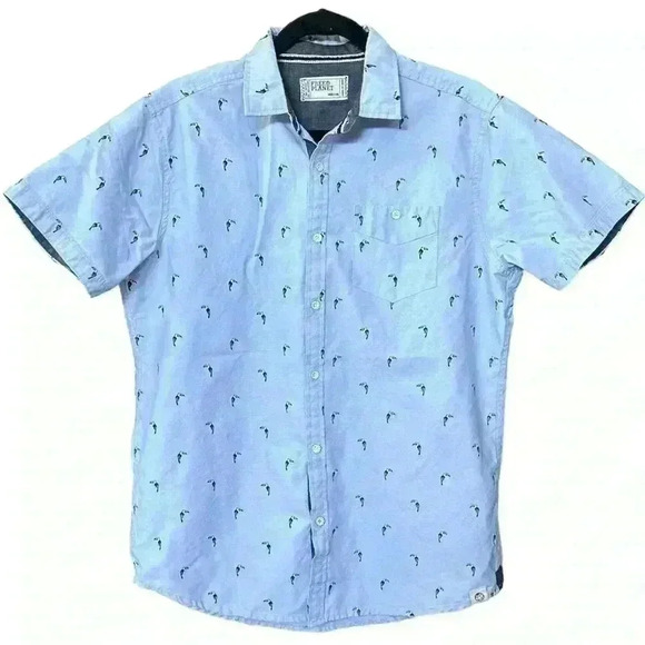 FREE PLANET Blue Cotton Blend Animal Print Shirt Sleeve Button Down Men’s Shirt - Picture 1 of 10